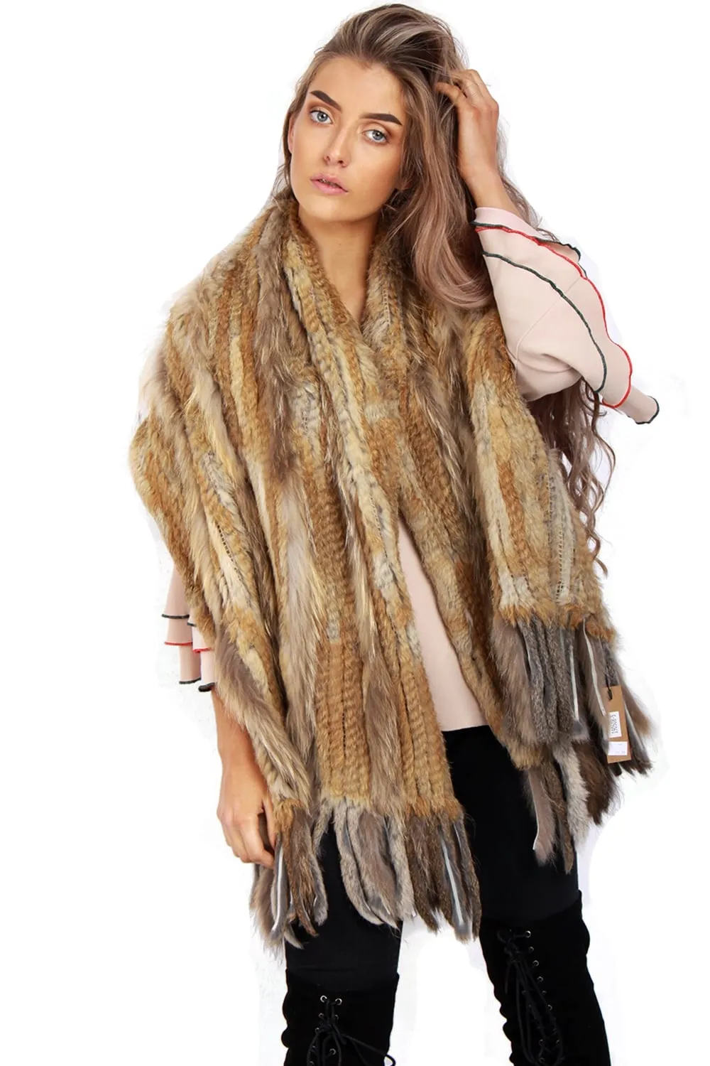 Knitted Real Fur Scarf with Tassels