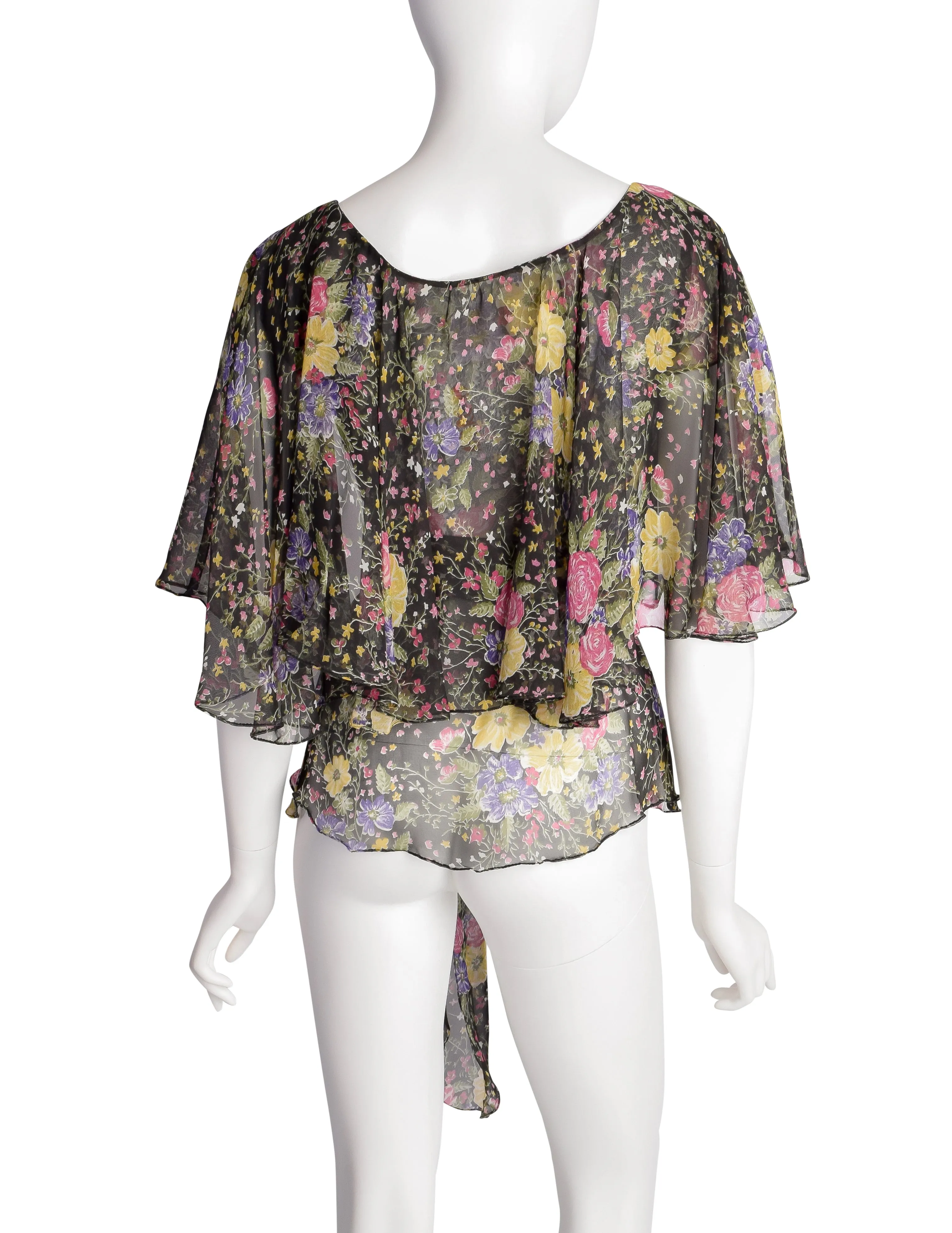 Koos van den Akker Vintage 1970s Black Floral Sheer Chiffon Wrap Blouse Top