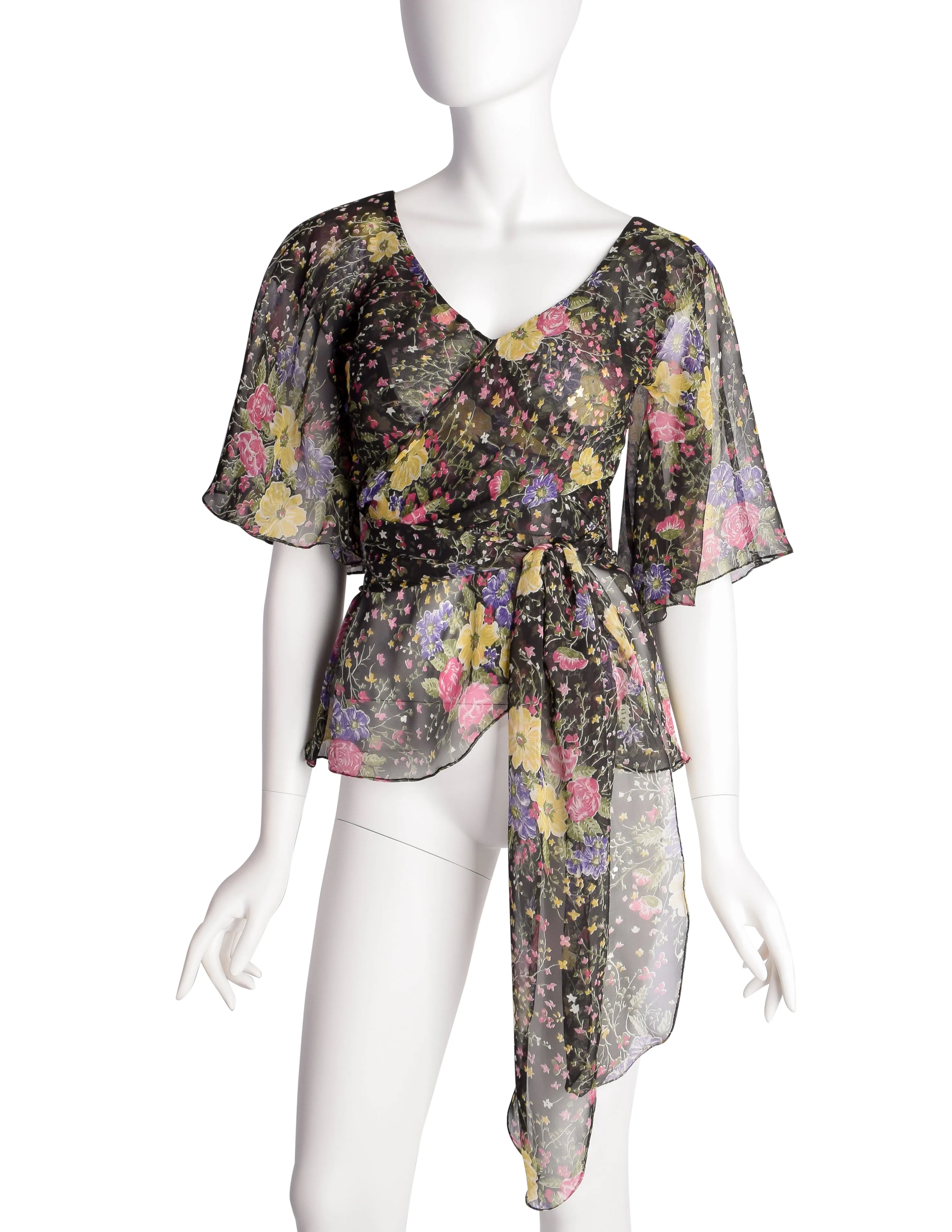 Koos van den Akker Vintage 1970s Black Floral Sheer Chiffon Wrap Blouse Top