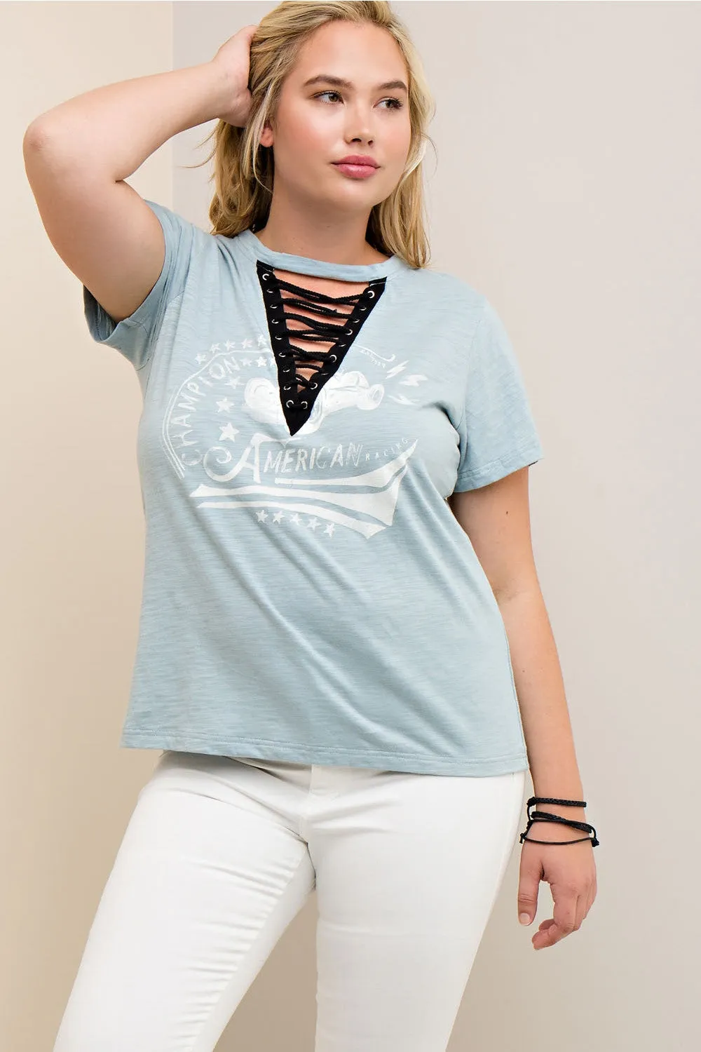 Lace Up Graphic Tee, Blue