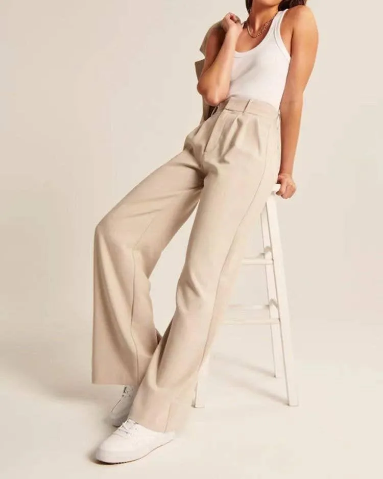 Ladies Solid Color High Waist Straight Leg Pants PY1111