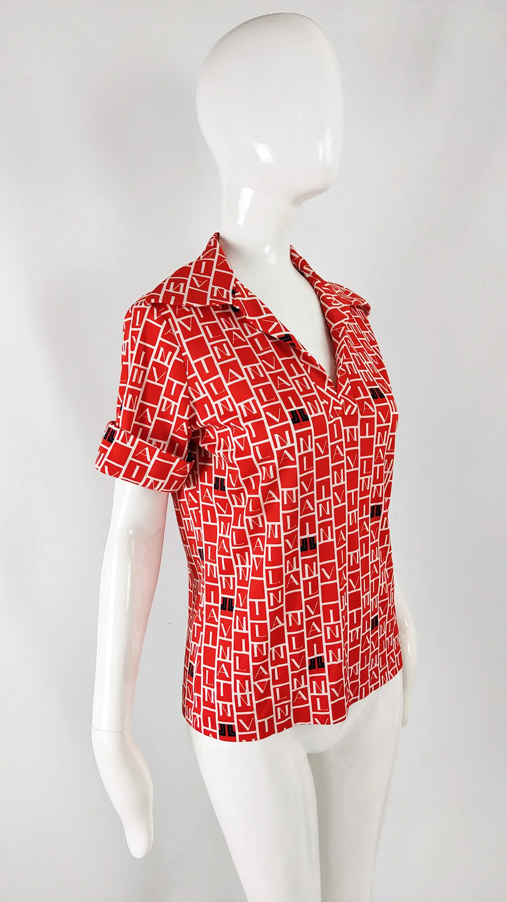 Lanvin Vintage Red All Over Logo Print Womens Shirt, 1970s