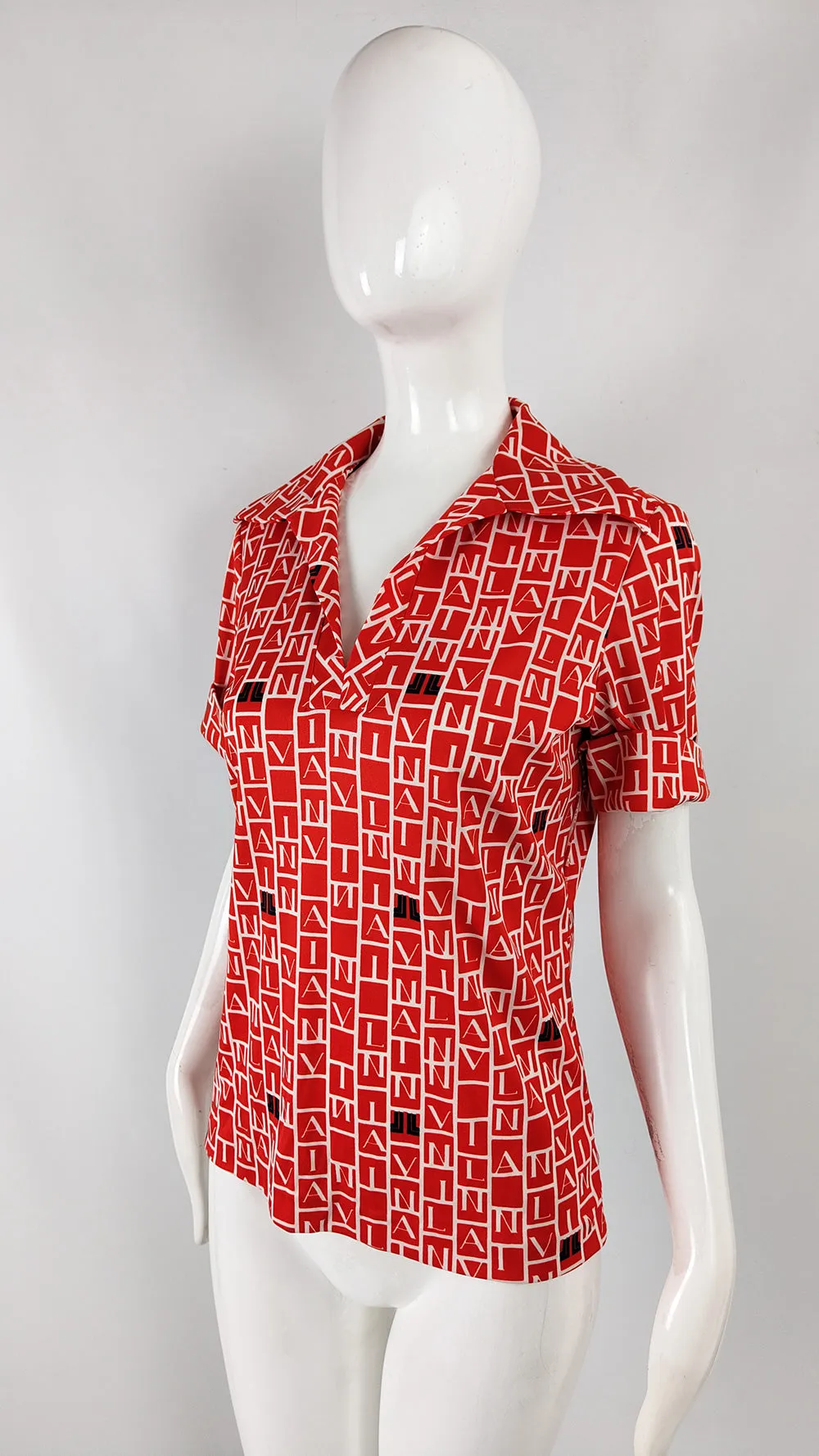 Lanvin Vintage Red All Over Logo Print Womens Shirt, 1970s