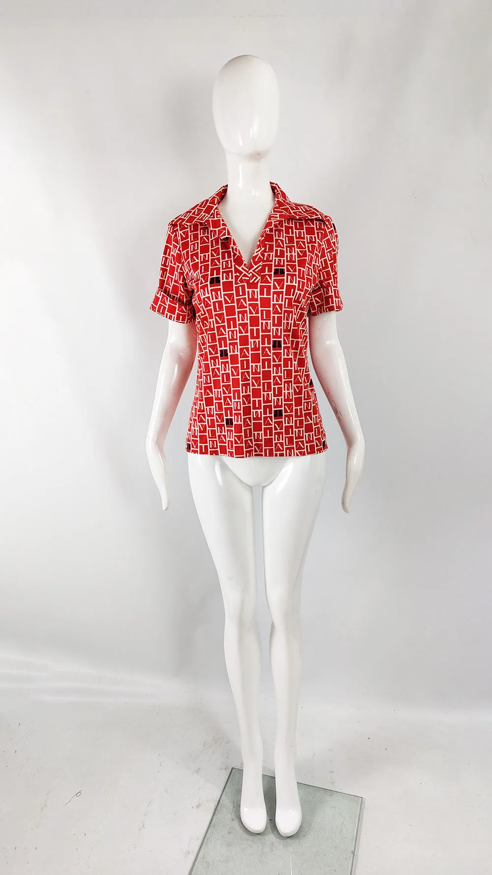 Lanvin Vintage Red All Over Logo Print Womens Shirt, 1970s