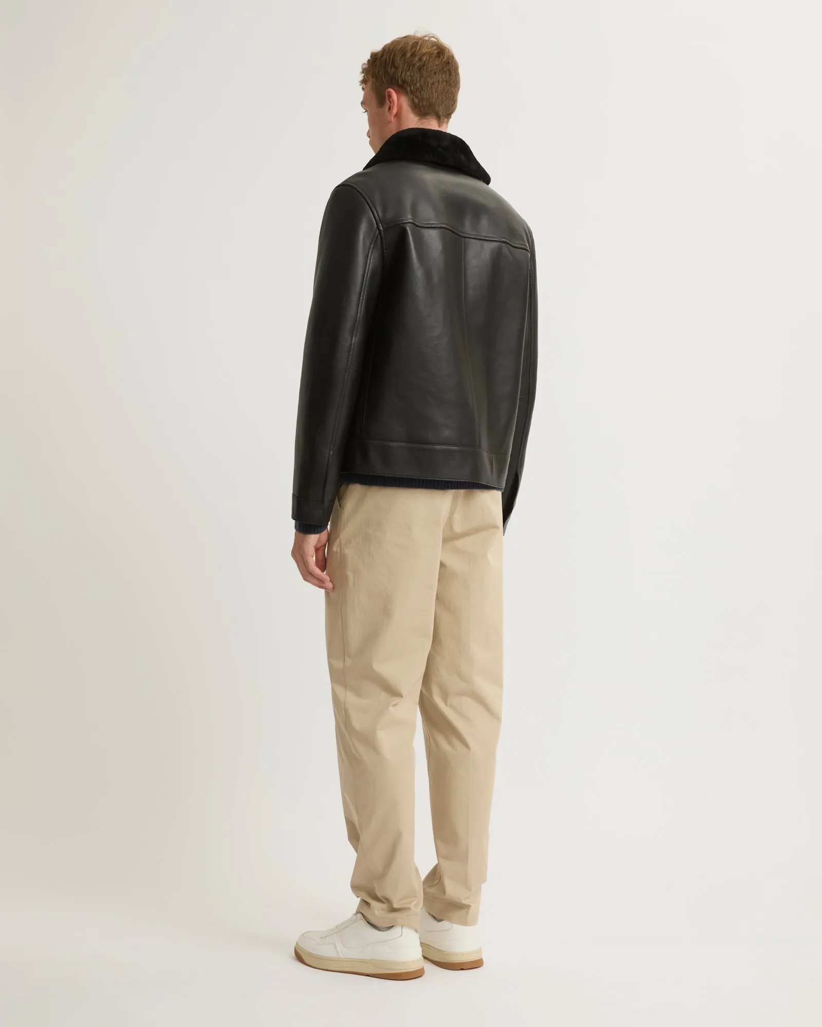 Leather jacket with shearling collar