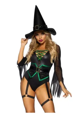 Leg Avenue Broomstick Babe Bodysuit with Lace Up Deep-V and Waist Cincher Buckle Accent, Attached Garters, and Witch Hat