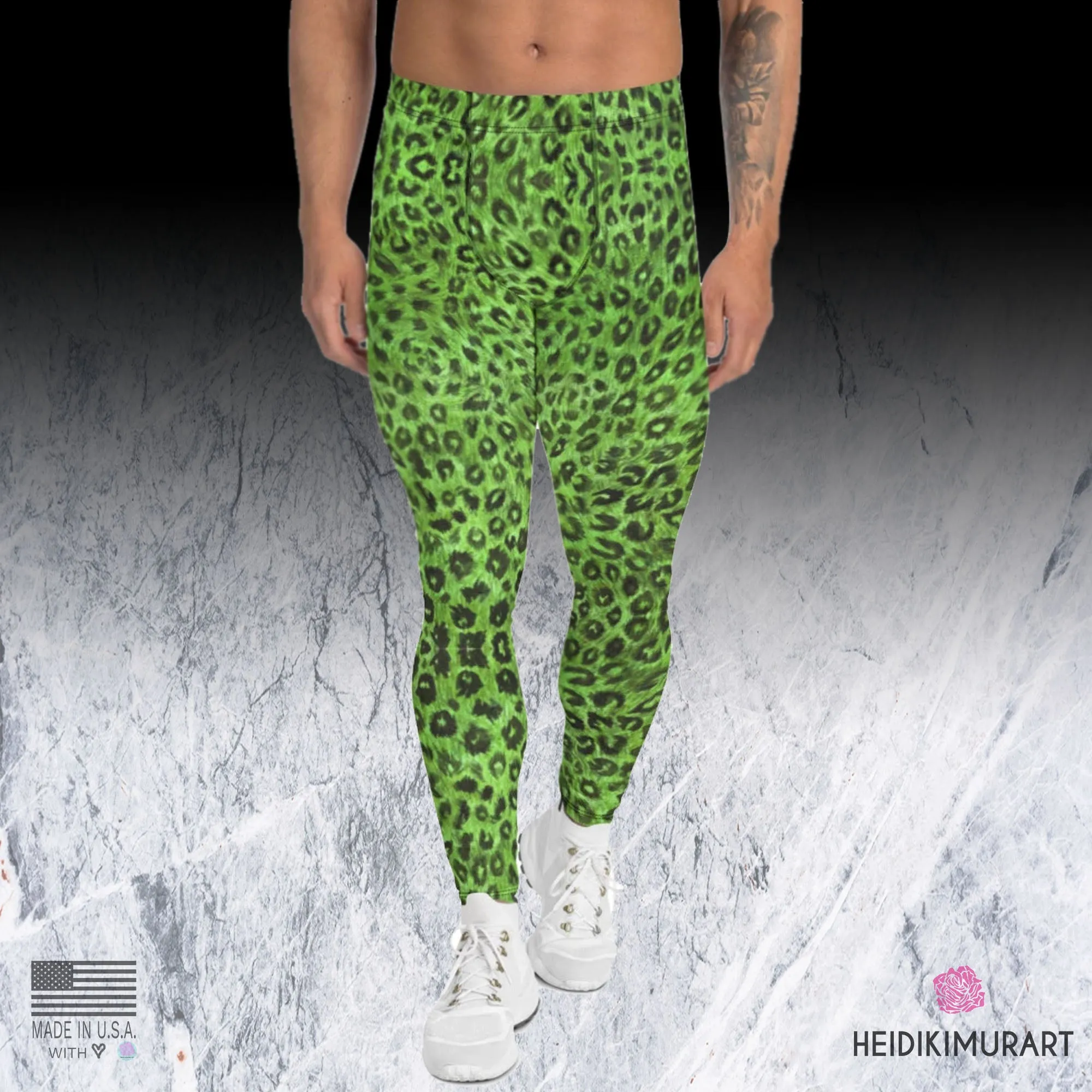 Light Green Leopard Men's Leggings, Animal Print Meggings Compression Tights-Made in USA/EU/MX