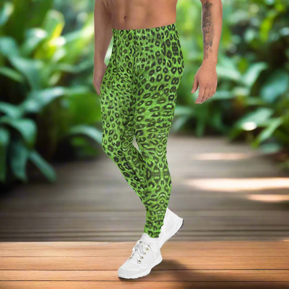 Light Green Leopard Men's Leggings, Animal Print Meggings Compression Tights-Made in USA/EU/MX