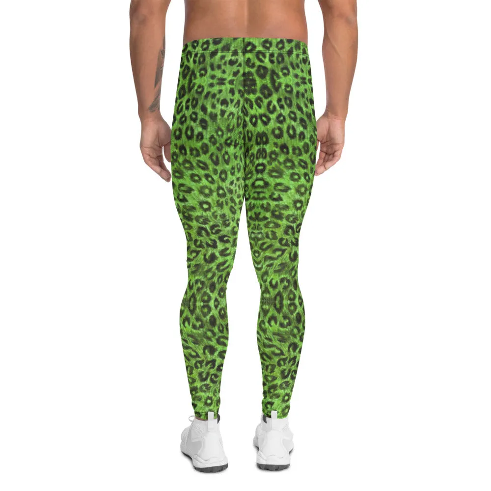 Light Green Leopard Men's Leggings, Animal Print Meggings Compression Tights-Made in USA/EU/MX