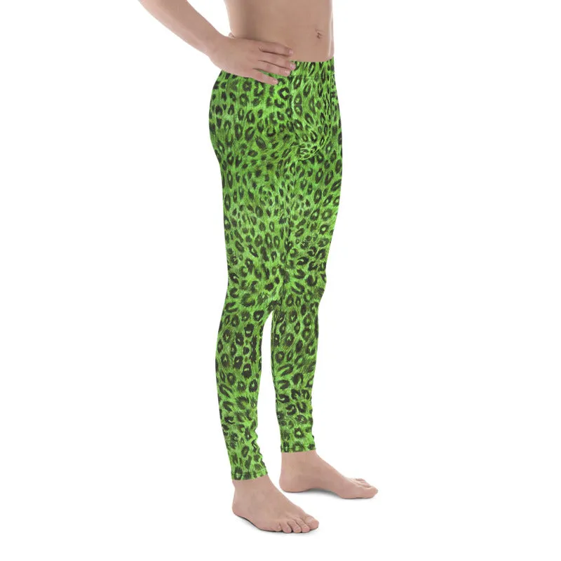 Light Green Leopard Men's Leggings, Animal Print Meggings Compression Tights-Made in USA/EU/MX