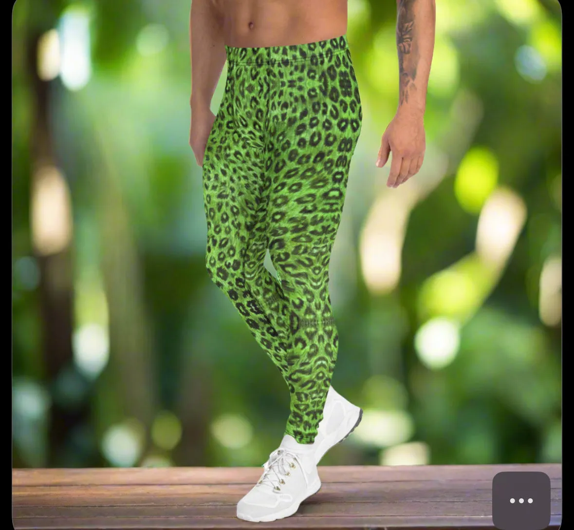 Light Green Leopard Men's Leggings, Animal Print Meggings Compression Tights-Made in USA/EU/MX