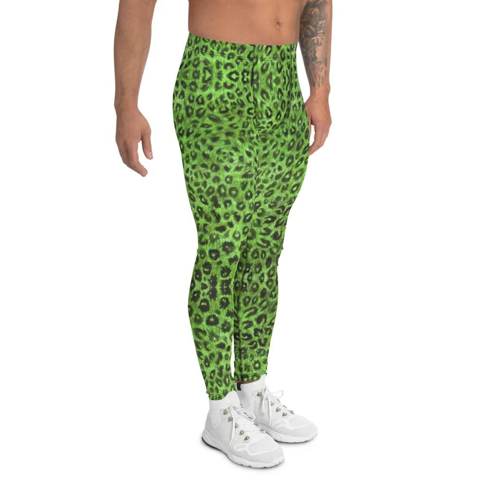 Light Green Leopard Men's Leggings, Animal Print Meggings Compression Tights-Made in USA/EU/MX