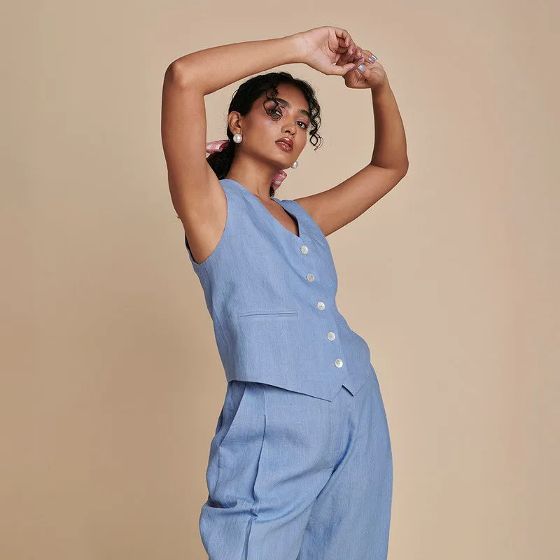 Linen Blue Co Ord Set | Waist Coat & Pants