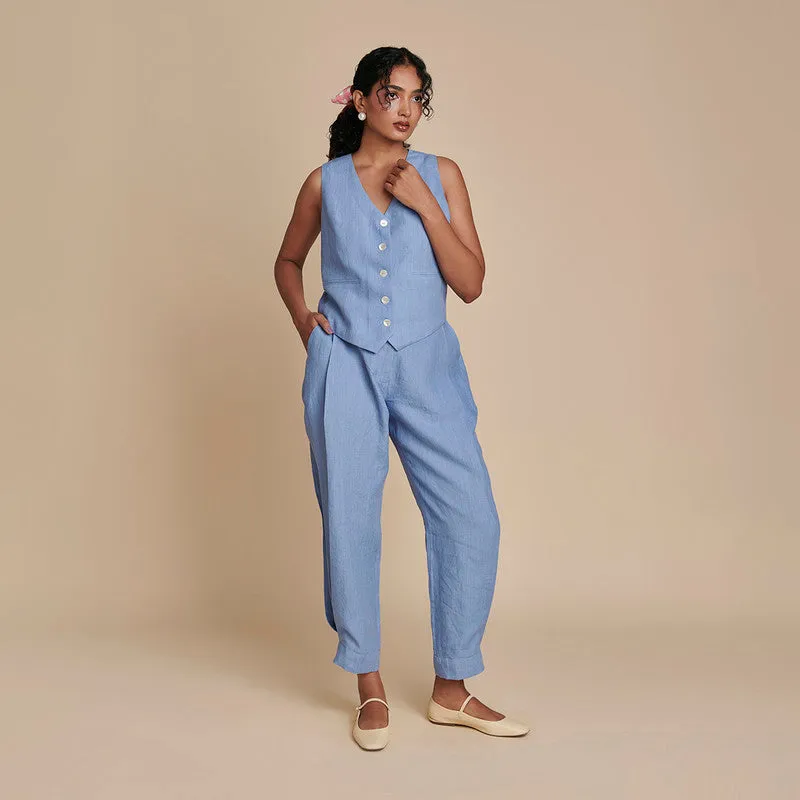 Linen Blue Co Ord Set | Waist Coat & Pants