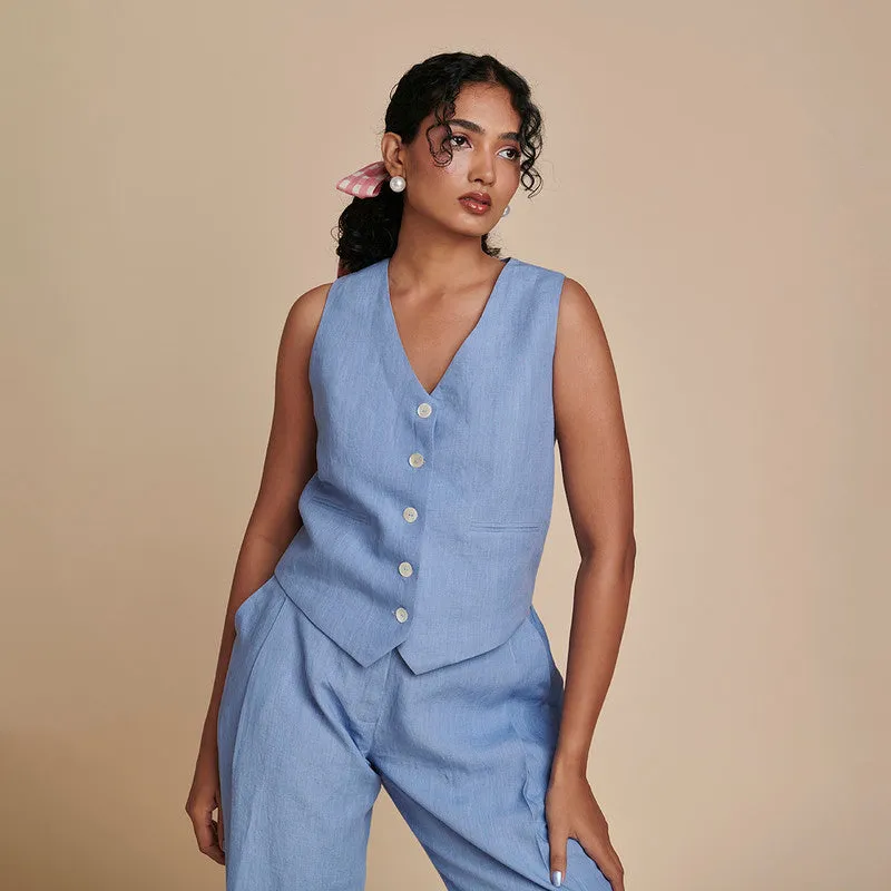 Linen Blue Co Ord Set | Waist Coat & Pants