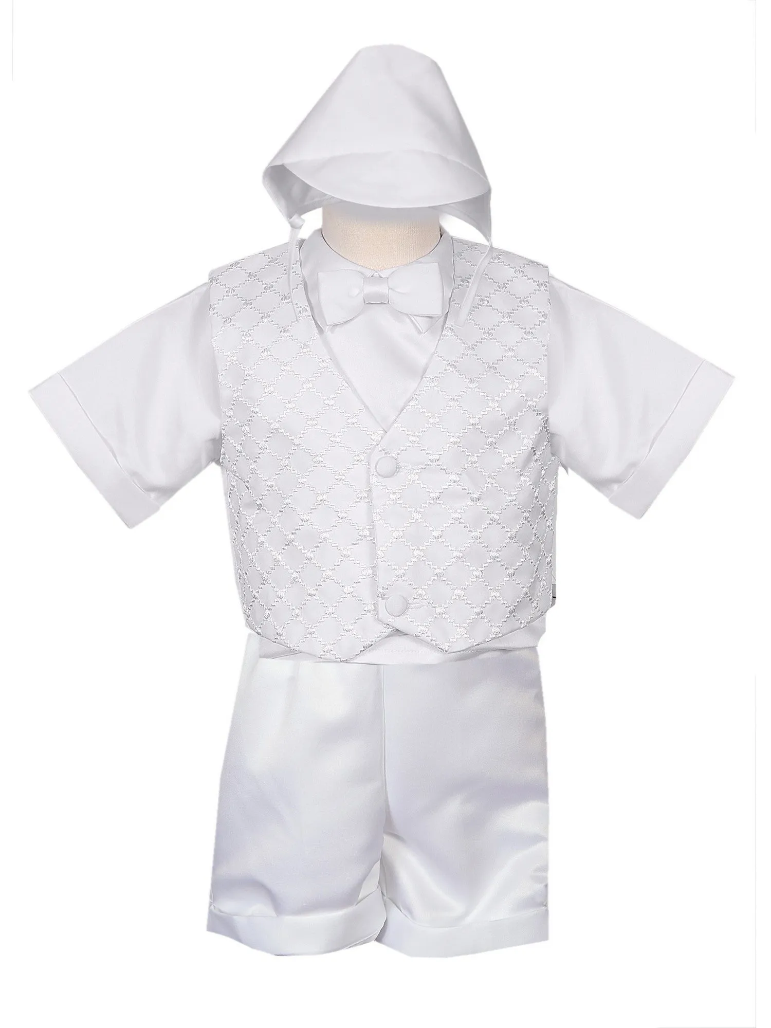 Little Boys White 4 pc Diamond Pattern Vest Hat Baptism Outfit 2-4T