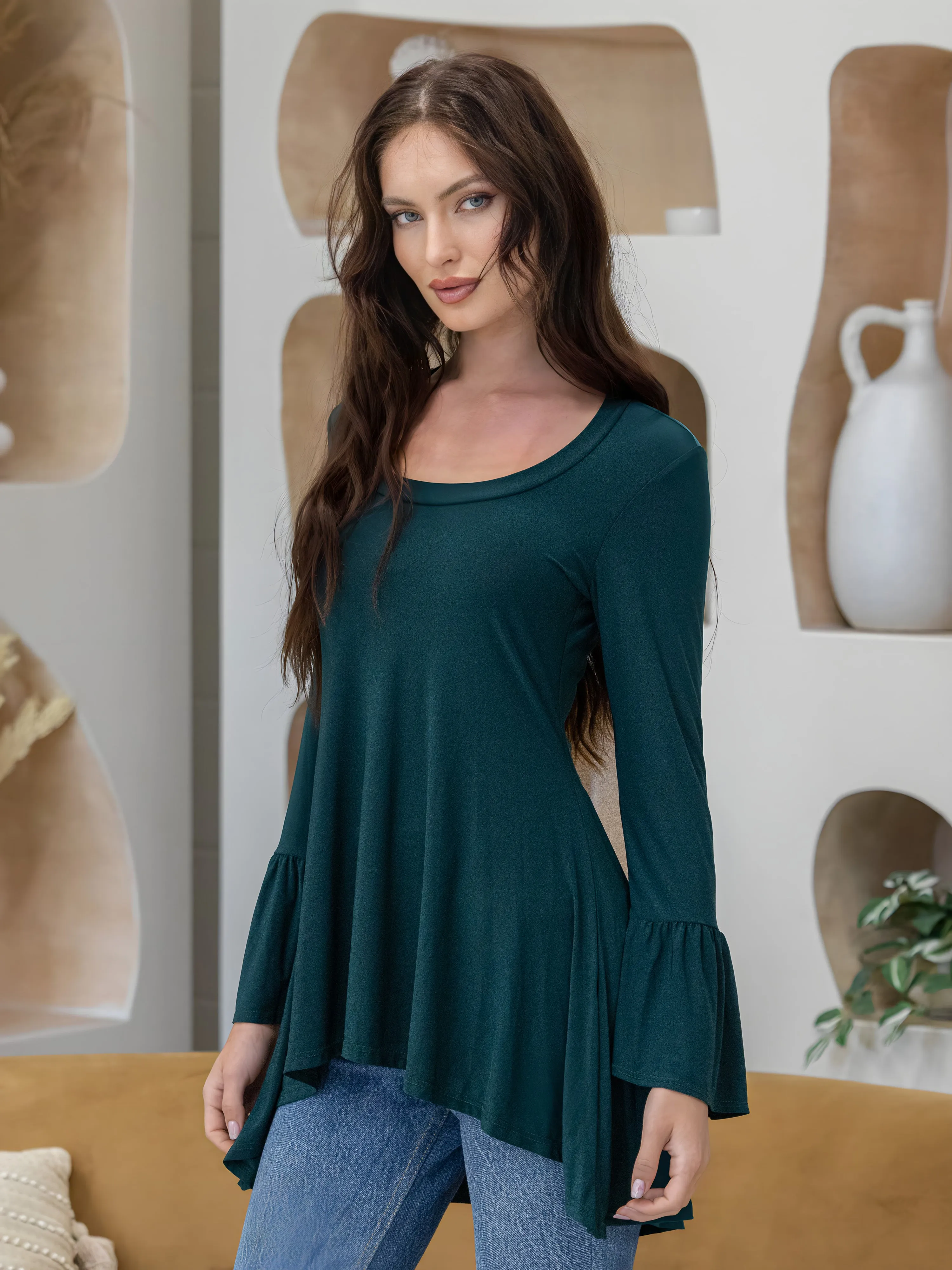 Long Bell Sleeve High Low Tunic Top