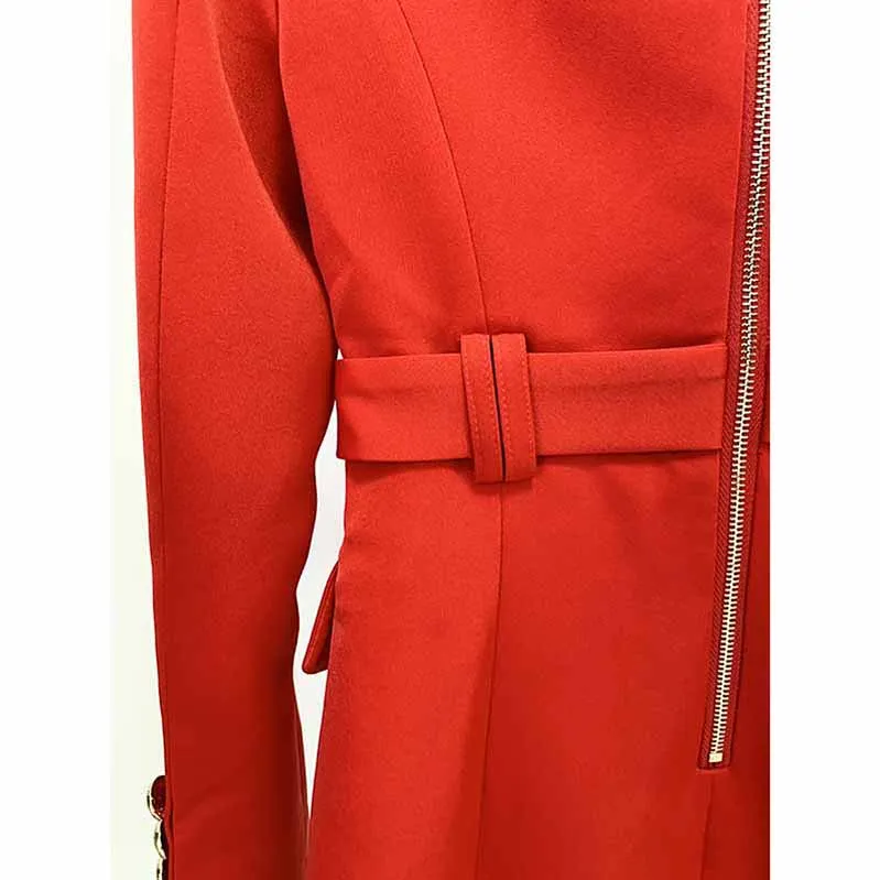 Long Red Blazer Jacket Womens Red Coat with Belt Outerwear