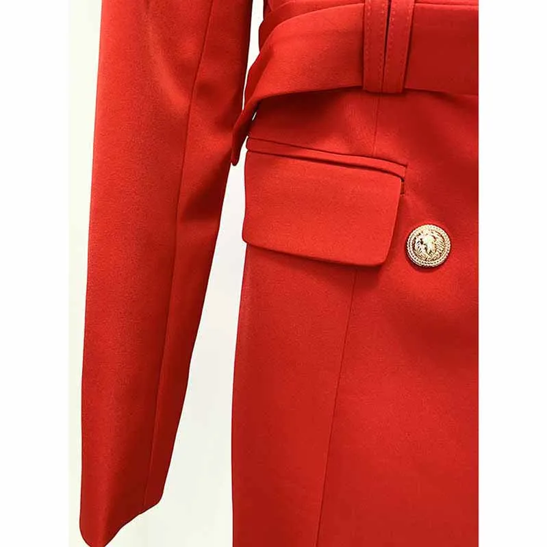 Long Red Blazer Jacket Womens Red Coat with Belt Outerwear