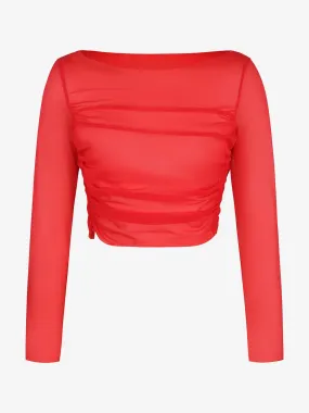 Long Sleeve Ruched Sheer Mesh Crop Top