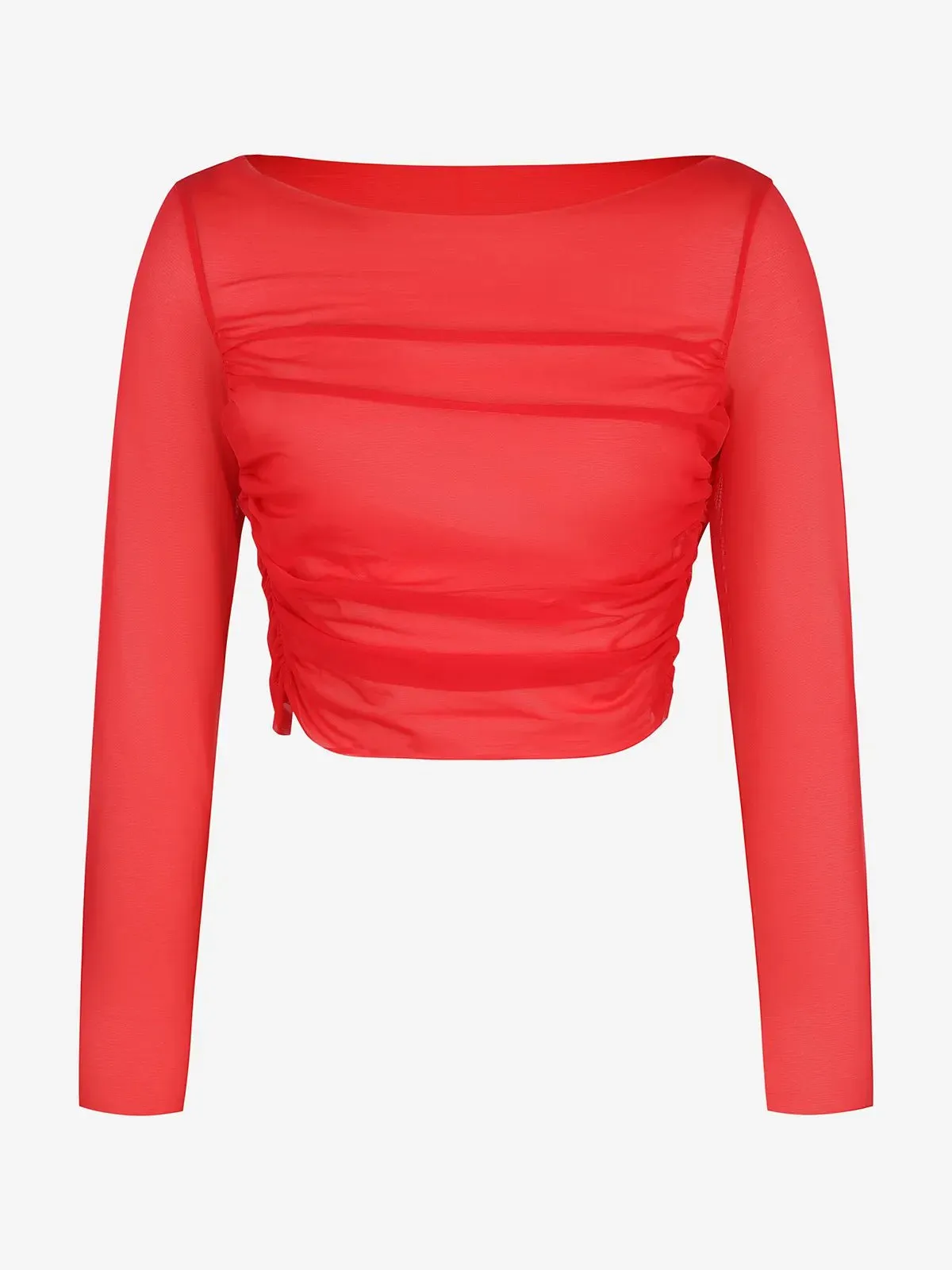 Long Sleeve Ruched Sheer Mesh Crop Top