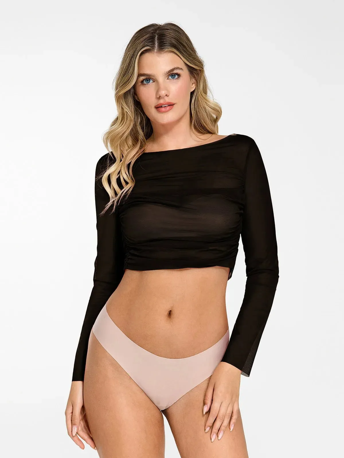 Long Sleeve Ruched Sheer Mesh Crop Top