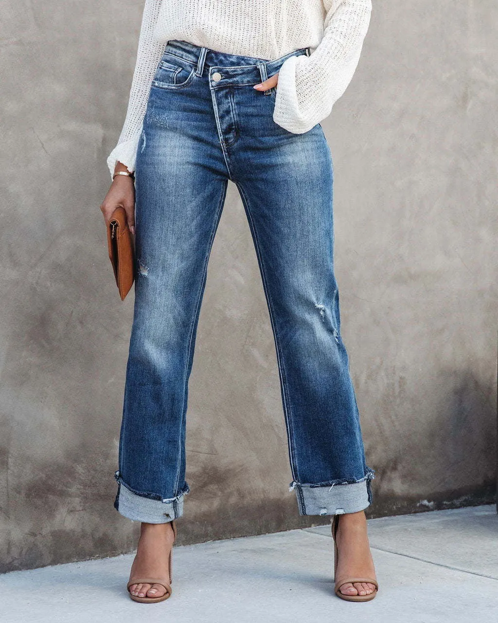 Loose Fit Button Fly High Waist Washed Denim Jeans