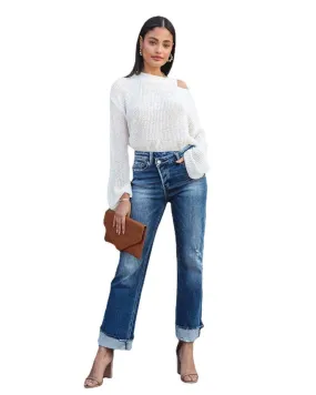 Loose Fit Button Fly High Waist Washed Denim Jeans