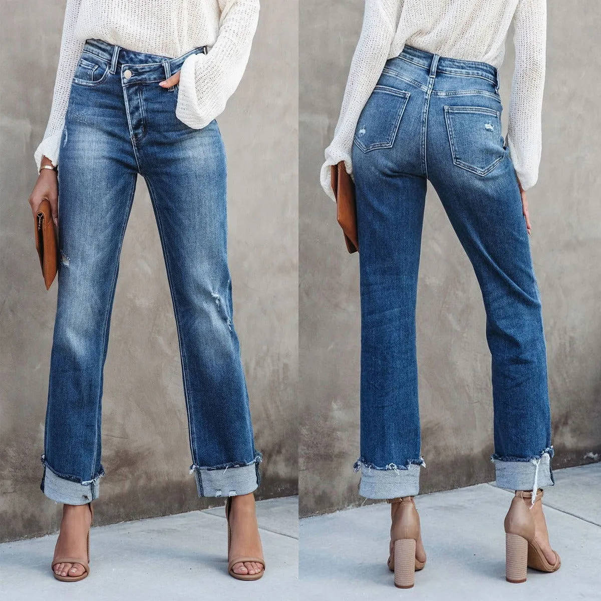 Loose Fit Button Fly High Waist Washed Denim Jeans