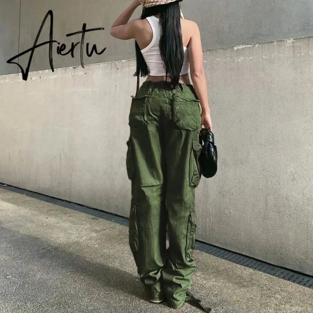 Loose low waist retro multi pocket denim pants street cargo pants  denim joggers  Casual  Wild style