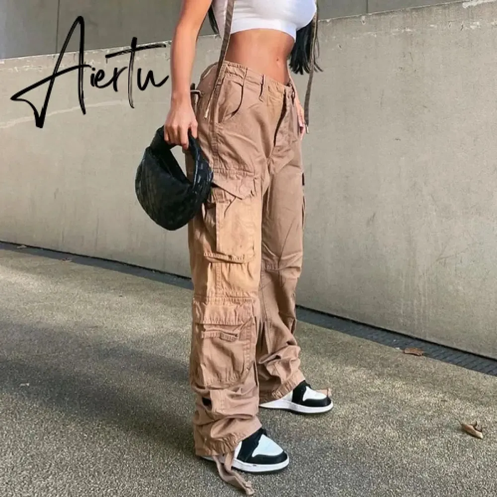 Loose low waist retro multi pocket denim pants street cargo pants  denim joggers  Casual  Wild style