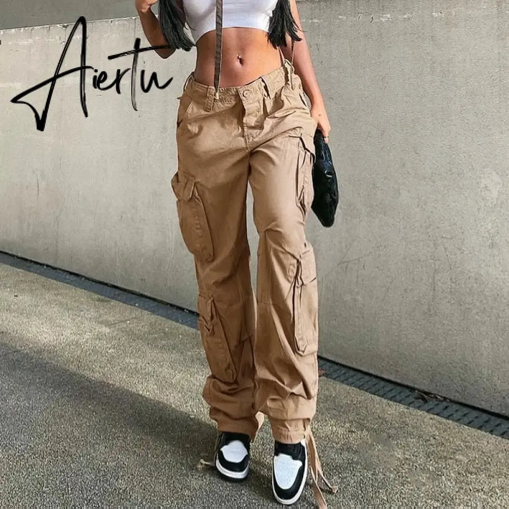 Loose low waist retro multi pocket denim pants street cargo pants  denim joggers  Casual  Wild style