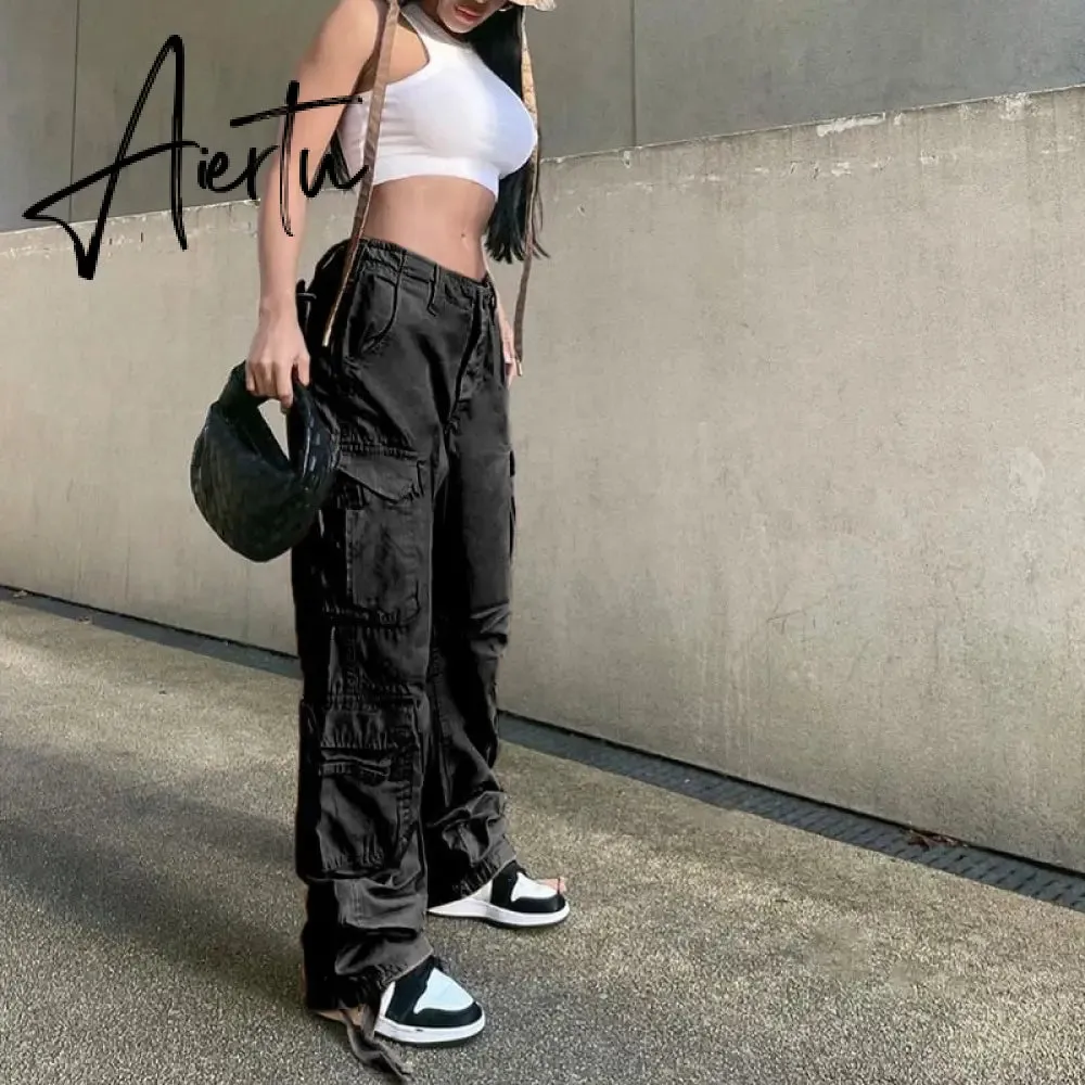 Loose low waist retro multi pocket denim pants street cargo pants  denim joggers  Casual  Wild style