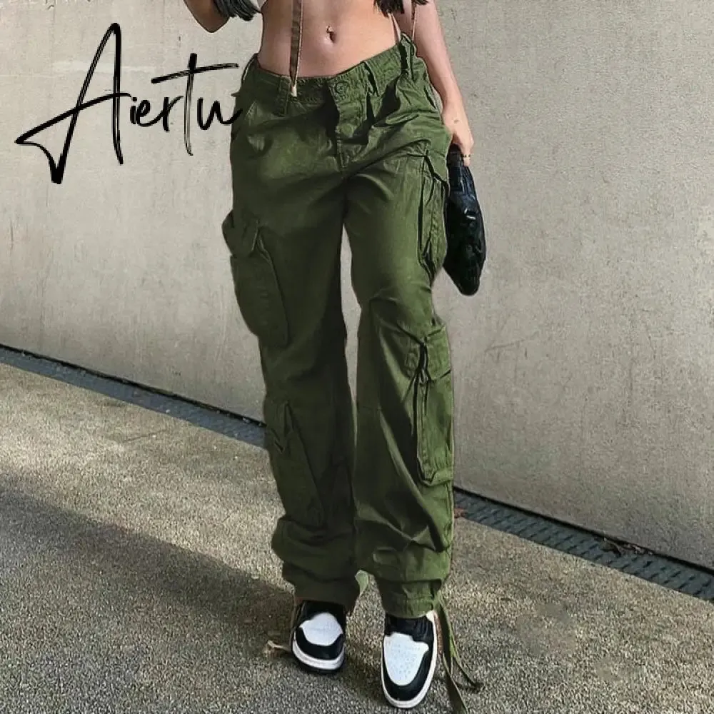 Loose low waist retro multi pocket denim pants street cargo pants  denim joggers  Casual  Wild style