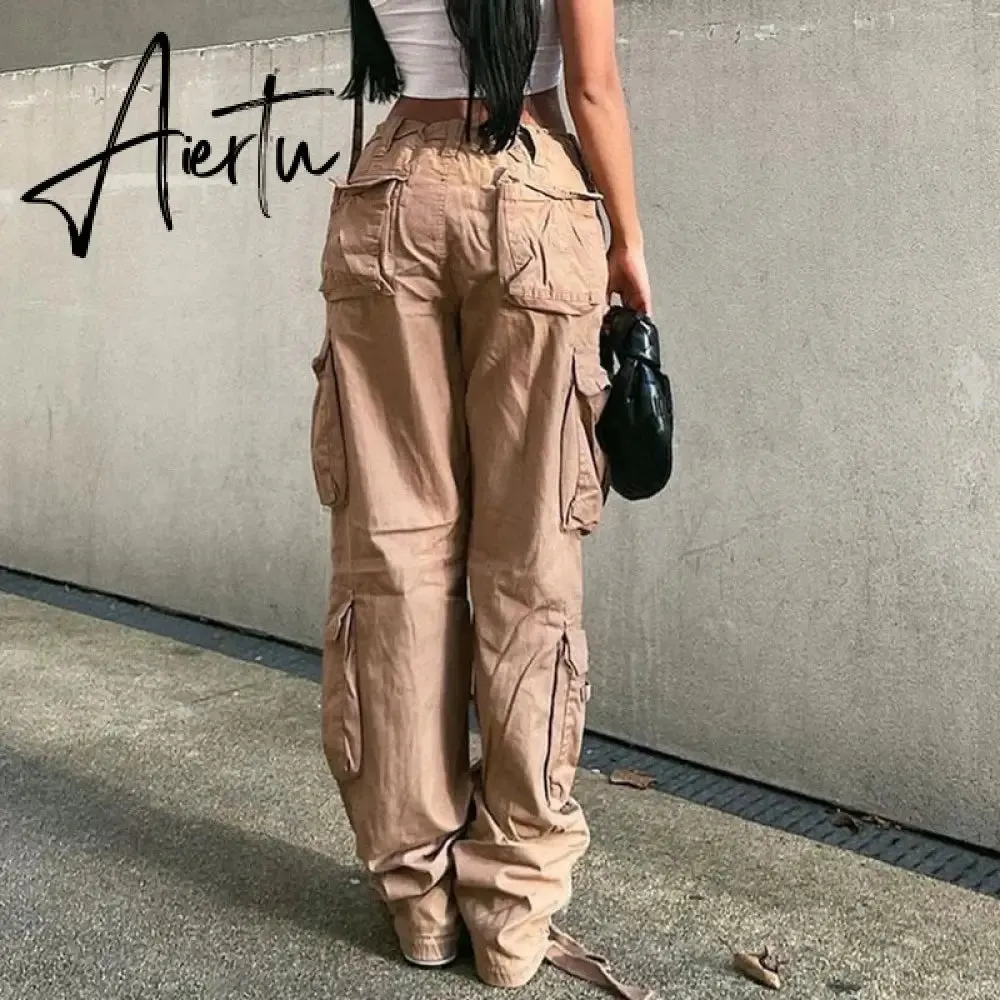 Loose low waist retro multi pocket denim pants street cargo pants  denim joggers  Casual  Wild style