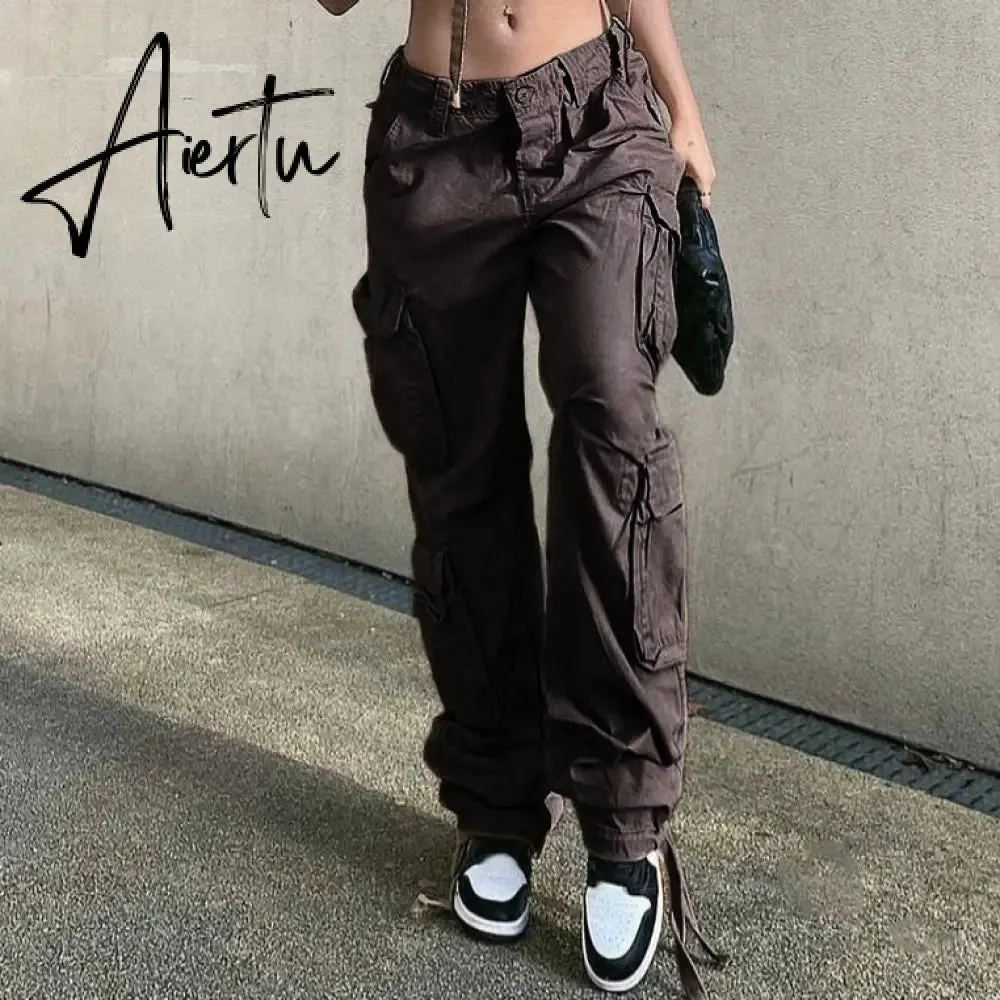 Loose low waist retro multi pocket denim pants street cargo pants  denim joggers  Casual  Wild style