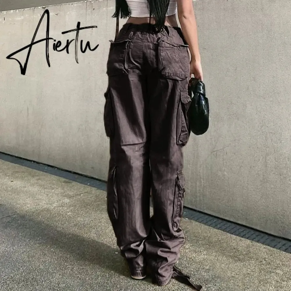 Loose low waist retro multi pocket denim pants street cargo pants  denim joggers  Casual  Wild style