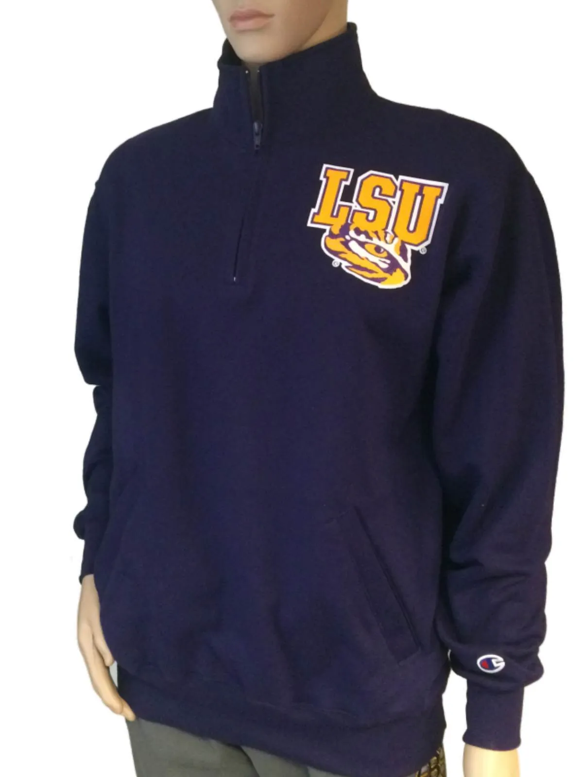 LSU Tigers Champion Purple 1/4 Zip Two Pockets Pullover Sweatshirt (L)