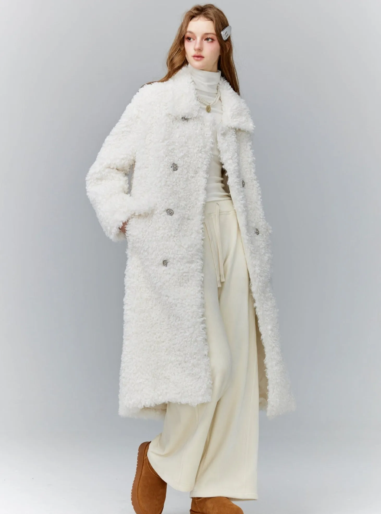 Luxurious White Teddy Bear Coat: Double-Breasted Faux Fur Longline Outerwear