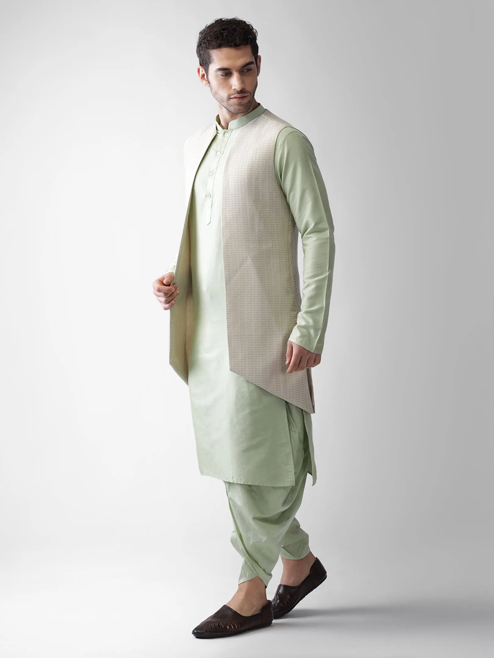 Men Beige Kurta Jacket Dhoti  Set