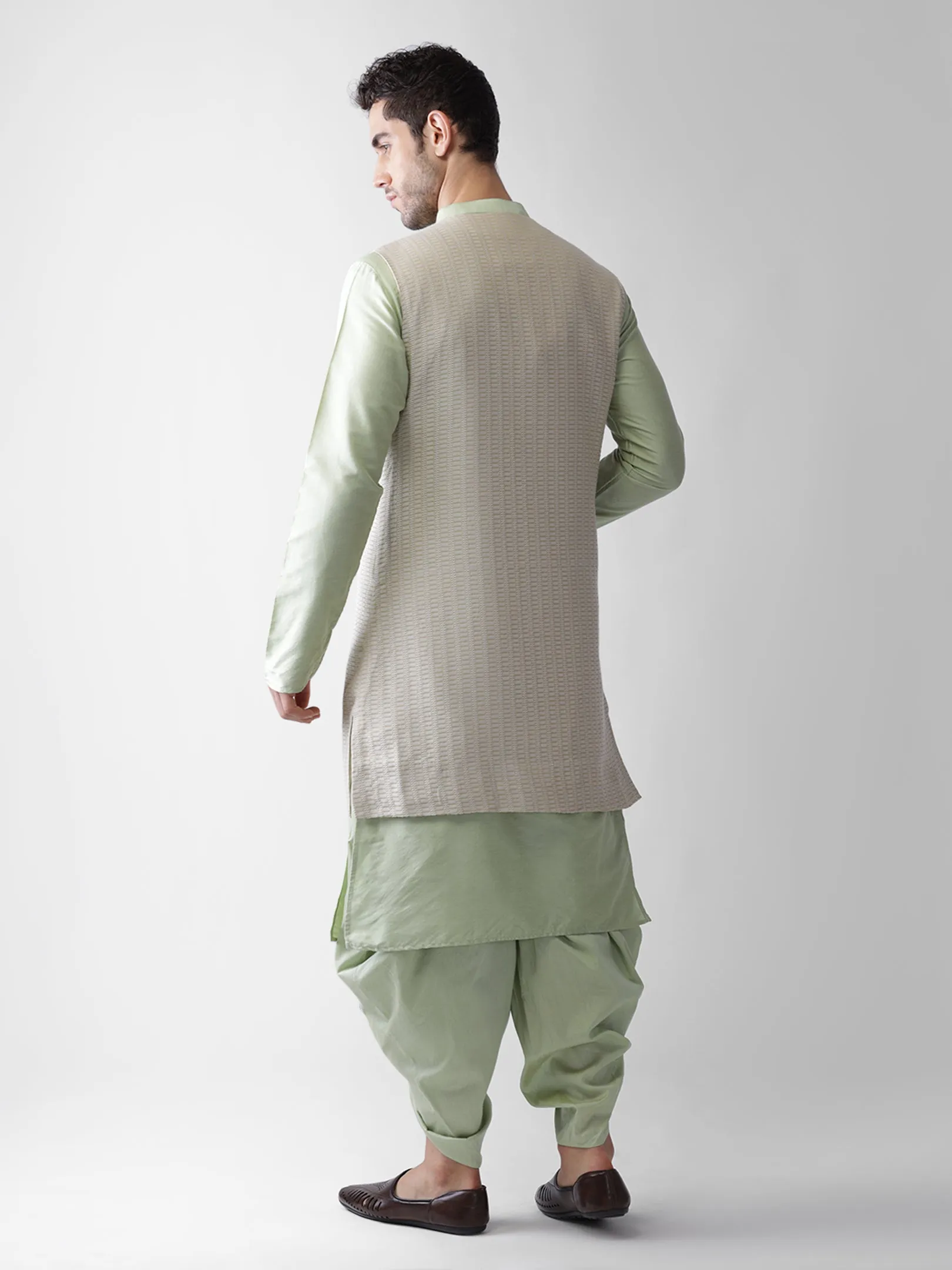 Men Beige Kurta Jacket Dhoti  Set