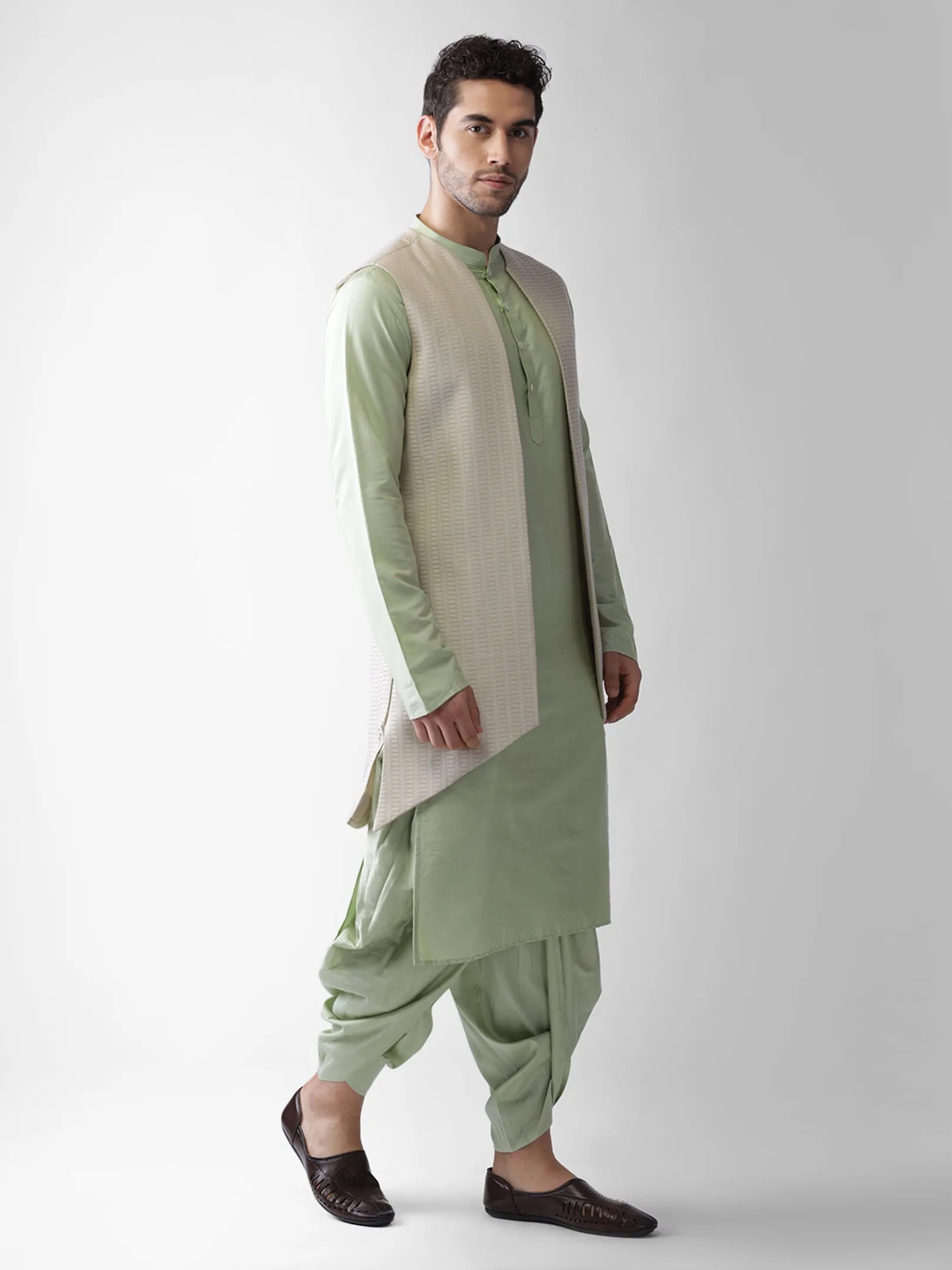 Men Beige Kurta Jacket Dhoti  Set