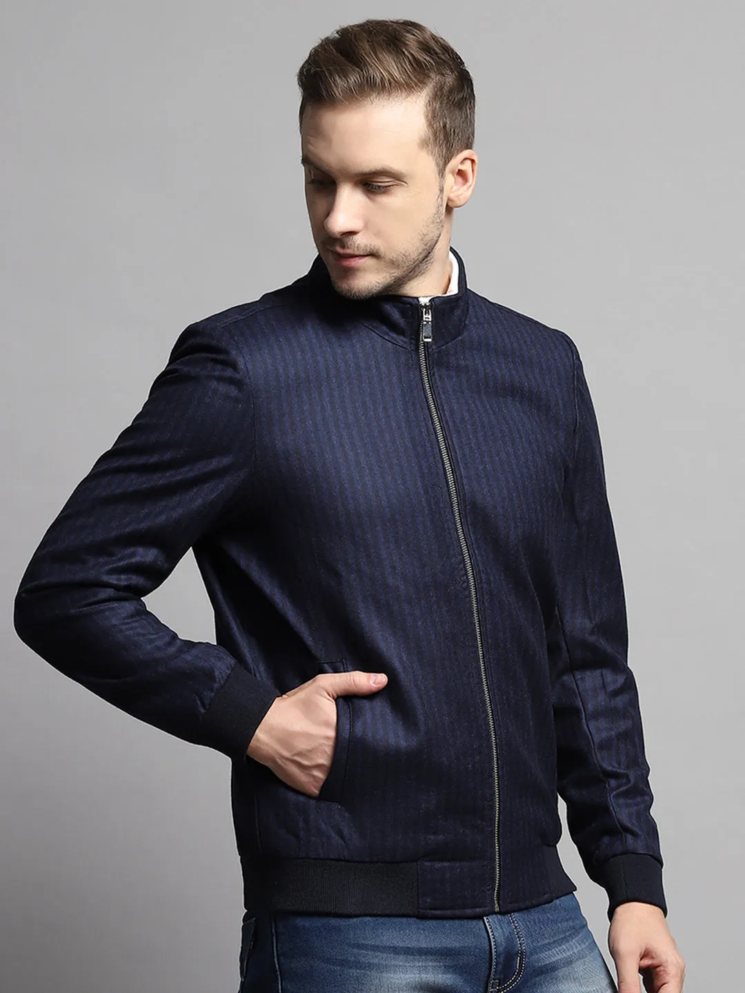 Men Blue Stripe Mock Neck Full Sleeve Coat