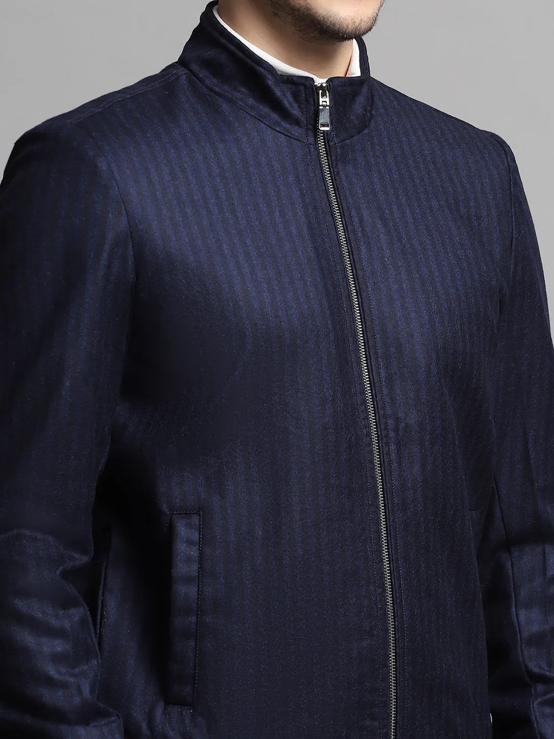 Men Blue Stripe Mock Neck Full Sleeve Coat