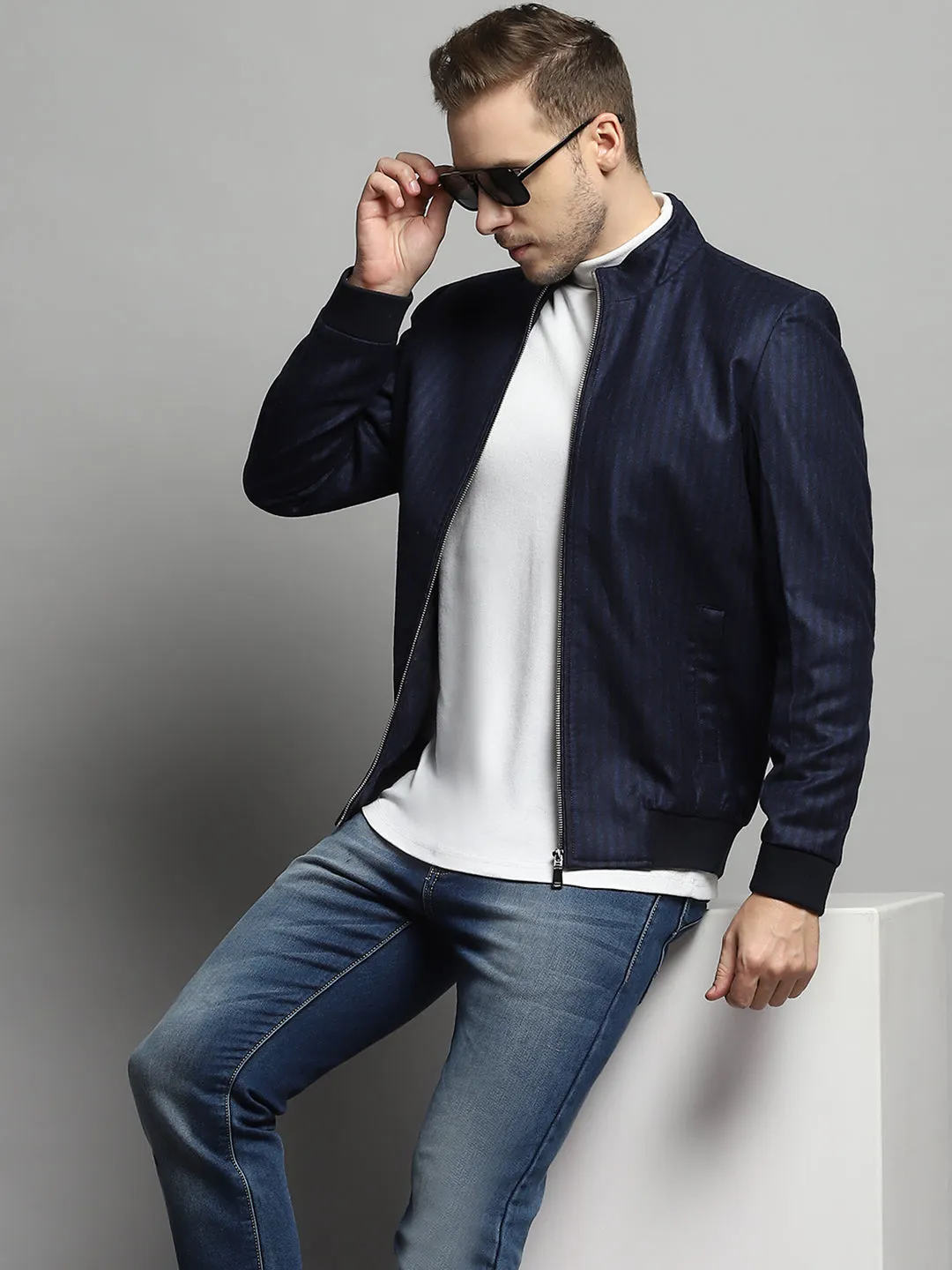 Men Blue Stripe Mock Neck Full Sleeve Coat