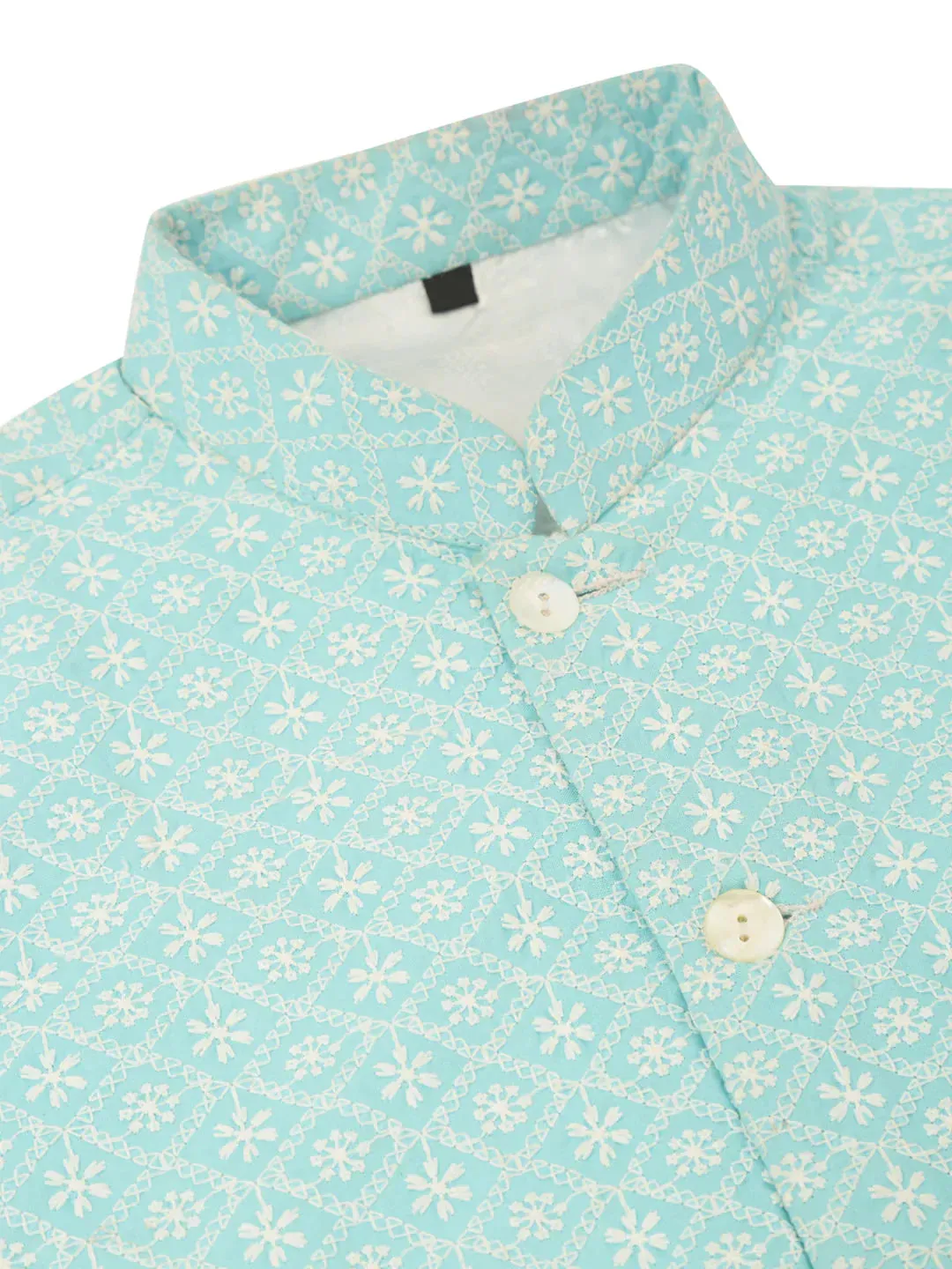 Men White Cotton Blend Kurta With Pyjamas & Sky Blue Embroidered Nehru Jacket