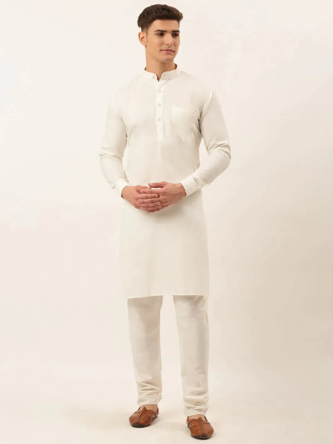 Men White Cotton Blend Kurta With Pyjamas & Sky Blue Embroidered Nehru Jacket