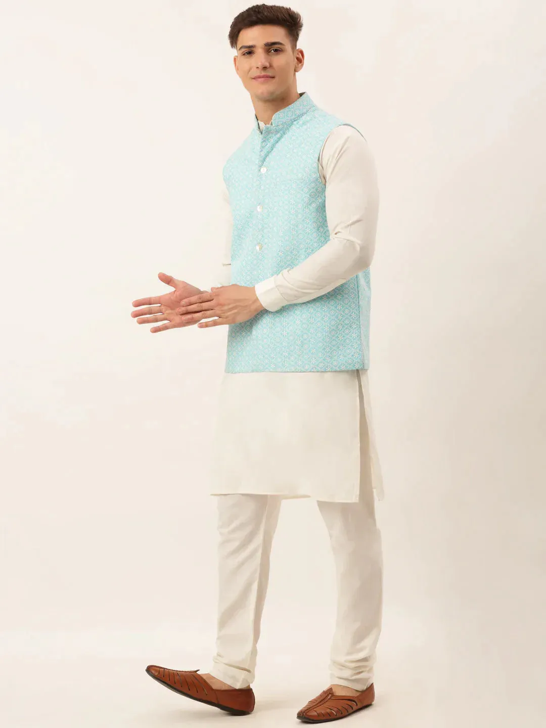 Men White Cotton Blend Kurta With Pyjamas & Sky Blue Embroidered Nehru Jacket