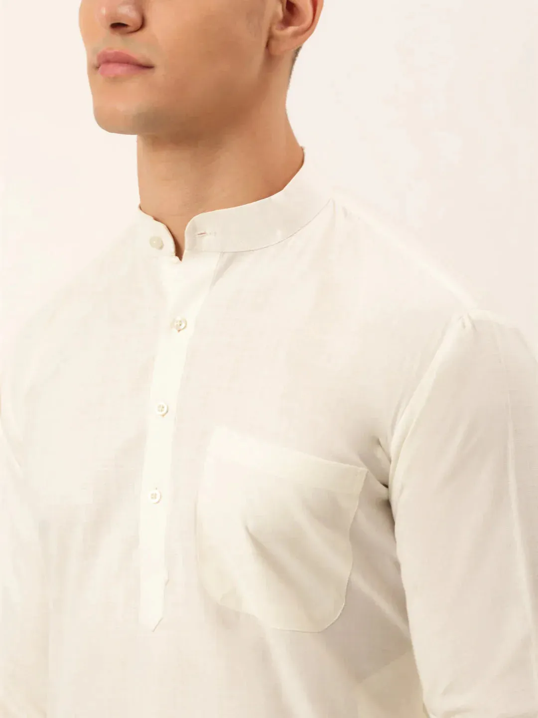 Men White Cotton Blend Kurta With Pyjamas & Sky Blue Embroidered Nehru Jacket