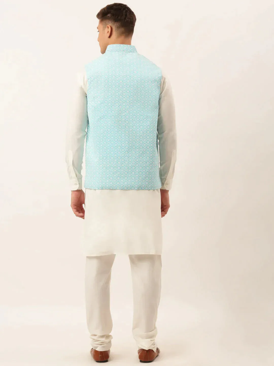 Men White Cotton Blend Kurta With Pyjamas & Sky Blue Embroidered Nehru Jacket